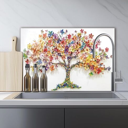 LMSDYSHU Tree of Life‘’Tempered Glass Backsplash for Kitchen, Frameless, Stove Backsplash Protector for Wall,Easy to Clean, Home Decor (colorful, 30"*30") in Saudi Arabia