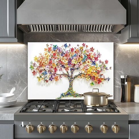 LMSDYSHU Tree of Life‘’Tempered Glass Backsplash for Kitchen, Frameless, Stove Backsplash Protector for Wall,Easy to Clean, Home Decor (colorful, 30"*30") in Saudi Arabia