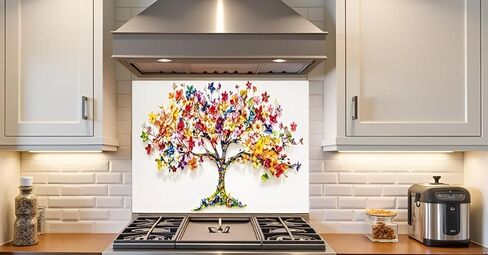 LMSDYSHU Tree of Life‘’Tempered Glass Backsplash for Kitchen, Frameless, Stove Backsplash Protector for Wall,Easy to Clean, Home Decor (colorful, 30"*30") in Saudi Arabia