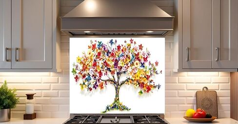 LMSDYSHU Tree of Life‘’Tempered Glass Backsplash for Kitchen, Frameless, Stove Backsplash Protector for Wall,Easy to Clean, Home Decor (colorful, 30"*30") in Saudi Arabia