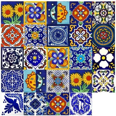 24pcs Tile Stickers Self-Adhesive Waterproof Sticker Retro Bohemian Style Heat-Resistant Mexican Tile Decals Art for Walls Kitchen backsplash Bathroom in Saudi Arabia