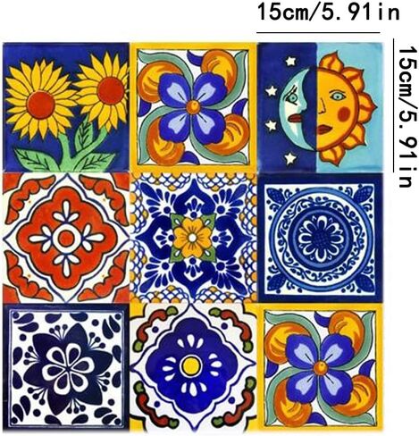 24pcs Tile Stickers Self-Adhesive Waterproof Sticker Retro Bohemian Style Heat-Resistant Mexican Tile Decals Art for Walls Kitchen backsplash Bathroom in Saudi Arabia