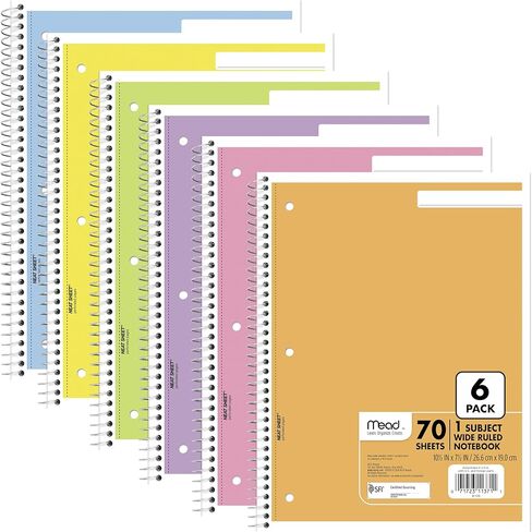 Mead Spiral Notebooks, 6 Pack, 1-Subject, Wide Ruled Paper, 8" x 10-1/2", 70 Sheets, Assorted Pastel Colors (930050-ECM) in Kuwait