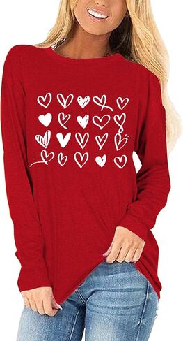 Woffccrd Womens Love Heart Shirts Long Sleeve Valentine's Day Crewneck Casual Plaid Heart Gnomes Graphic Tee Tops in Saudi Arabia