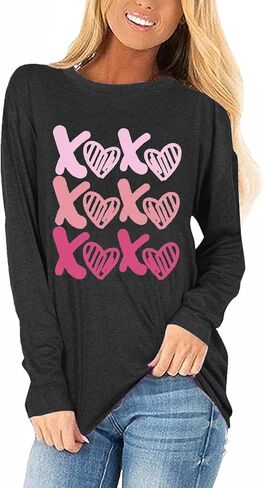 Woffccrd Womens Love Heart Shirts Long Sleeve Valentine's Day Crewneck Casual Plaid Heart Gnomes Graphic Tee Tops in Saudi Arabia
