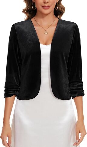 MINTLIMIT Velvet Blazers for Women 3/4 Ruched Sleeve Open Front Casual Work Office Cropped Cardigan Suit Jacket in Saudi Arabia