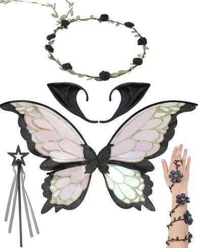 مجموعة أزياء أجنحة الجنية - 5 قطع تاج الزهور وآذان القزم وأجنحة الفراشة وذراع الزهرة الملتفة على شكل عصا الجان زي الهالوين in Kuwait