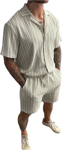 GORGLITTER Men's 2 Piece Cruise Outfits Short Sleeve Button Down Striped Shirts and Shorts Beach Vacation Knit Clothes in Saudi Arabia