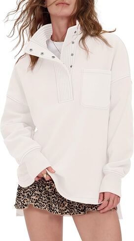 Womens Oversized Henley Neck Sweatshirt - Long Sleeve Button Casual Pullover in Saudi Arabia