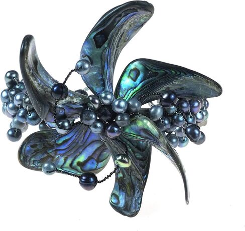 AeraVida Pretty Abalone Shell Floral Design Cultured Freshwater Pearl Accented Cuff in Saudi Arabia