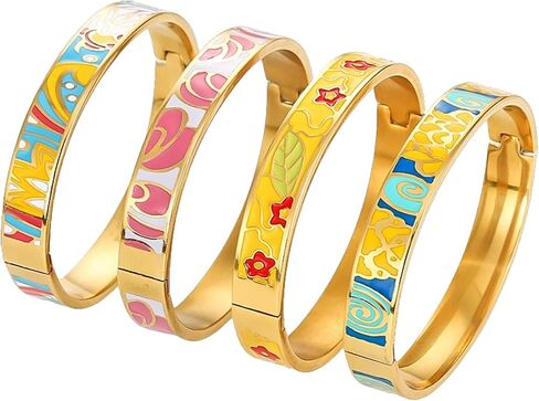 Enamel Bangle Set, 18K Gold Plated Stainless Steel, 4-Piece Bracelet Handcrafted Gorgeous Collection with Abstract and Floral Patterns, 6-7 Inch Wrist Size, Women's Fashion Jewelry in Saudi Arabia