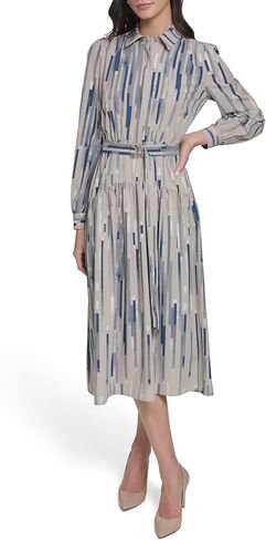 Calvin Klein Women's Long Sleeve Collared Neck Striped Commuter Drop Waist Midi Dress in Saudi Arabia