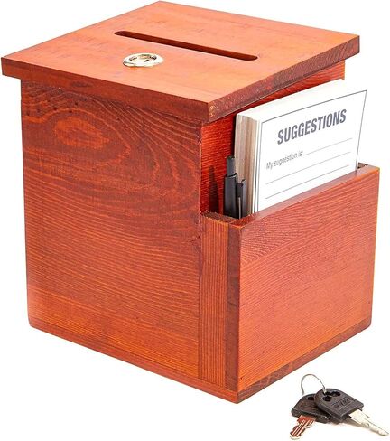 Juvale Wooden Suggestion Box with Lock and Keys, Brown Ballot Box with 50 Blank Suggestion Cards, Locking Lid and Side Slot for Donation, Comments, Feedback (7.5 x 7.1 x 5.5 In) in Kuwait