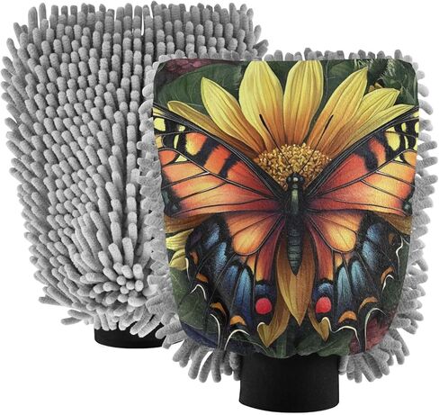 AIXIWAWA Car Wash Mitt Washing Glove Scratch Free Water Absorbent 2 Pack Medium Flowers Butterfly Print in Saudi Arabia