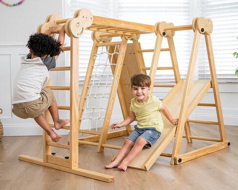 Avenlur 8-in-1 Indoor Play Gym – Toddler Jungle Gym for Kids Ages 2–6 – Indoor Playground Wooden Climbing Playset with Slide, Monkey Bars, Ladder, Rope Ladder, Rock Climbing, Swing, Rings, Disc Swing in Kuwait