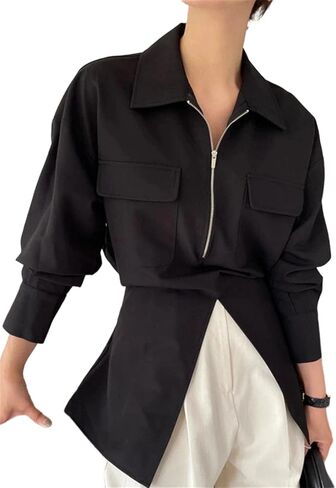 Women Beige Blouse Zipper Pocket Back Bandage Lapel Loose Fit Spring Autumn Shirt in Saudi Arabia