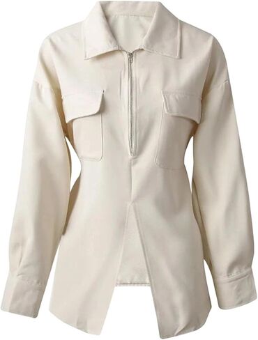 Women Beige Blouse Zipper Pocket Back Bandage Lapel Loose Fit Spring Autumn Shirt in Saudi Arabia