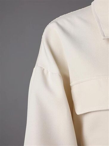 Women Beige Blouse Zipper Pocket Back Bandage Lapel Loose Fit Spring Autumn Shirt in Saudi Arabia