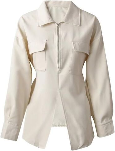 Women Beige Blouse Zipper Pocket Back Bandage Lapel Loose Fit Spring Autumn Shirt in Saudi Arabia