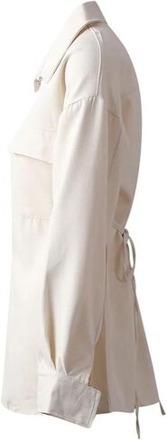 Women Beige Blouse Zipper Pocket Back Bandage Lapel Loose Fit Spring Autumn Shirt in Saudi Arabia