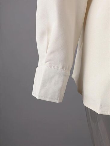 Women Beige Blouse Zipper Pocket Back Bandage Lapel Loose Fit Spring Autumn Shirt in Saudi Arabia
