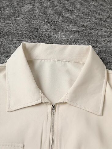 Women Beige Blouse Zipper Pocket Back Bandage Lapel Loose Fit Spring Autumn Shirt in Saudi Arabia