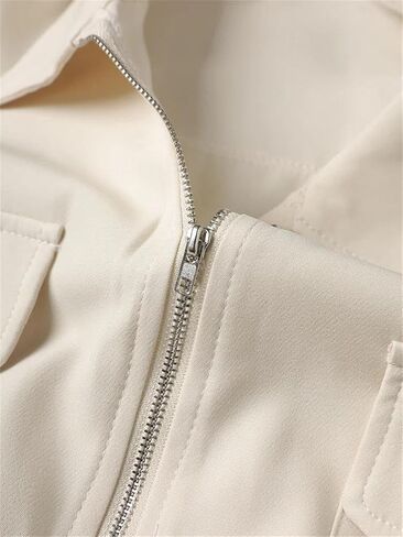 Women Beige Blouse Zipper Pocket Back Bandage Lapel Loose Fit Spring Autumn Shirt in Saudi Arabia