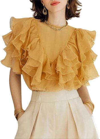 Women Ruffled Blouse Short Sleeve See-Through Loose Casual Work Elegant Summer Top in Saudi Arabia
