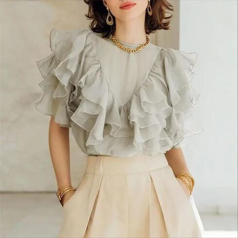 Women Ruffled Blouse Short Sleeve See-Through Loose Casual Work Elegant Summer Top in Saudi Arabia