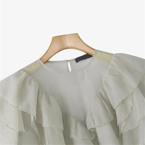 Women Ruffled Blouse Short Sleeve See-Through Loose Casual Work Elegant Summer Top in Saudi Arabia