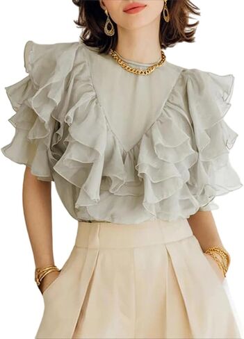 Women Ruffled Blouse Short Sleeve See-Through Loose Casual Work Elegant Summer Top in Saudi Arabia