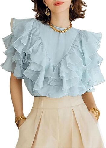 Women Ruffled Blouse Short Sleeve See-Through Loose Casual Work Elegant Summer Top in Saudi Arabia