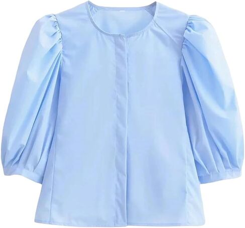 Women Single Breasted Blouse O-Neck Puff Sleeve Pleated Elegant Office Lady Summer Top in Saudi Arabia