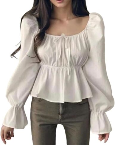 Women Ruffle Blouse Square Neck Long Sleeve Flare Sleeve Korean Style Sweet Short Top in Saudi Arabia