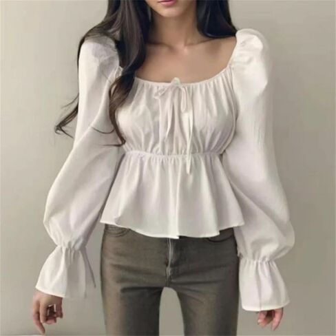 Women Ruffle Blouse Square Neck Long Sleeve Flare Sleeve Korean Style Sweet Short Top in Saudi Arabia