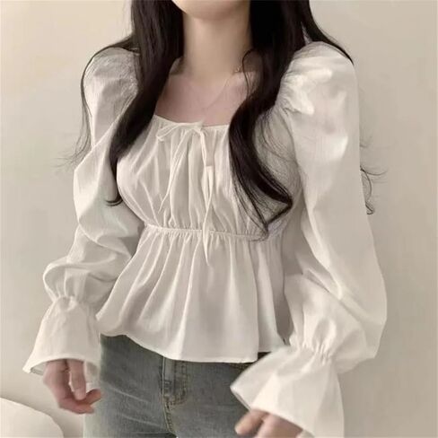 Women Ruffle Blouse Square Neck Long Sleeve Flare Sleeve Korean Style Sweet Short Top in Saudi Arabia