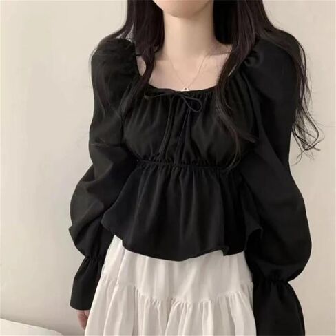 Women Ruffle Blouse Square Neck Long Sleeve Flare Sleeve Korean Style Sweet Short Top in Saudi Arabia