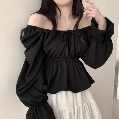 Women Ruffle Blouse Square Neck Long Sleeve Flare Sleeve Korean Style Sweet Short Top in Saudi Arabia