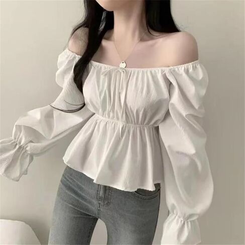 Women Ruffle Blouse Square Neck Long Sleeve Flare Sleeve Korean Style Sweet Short Top in Saudi Arabia