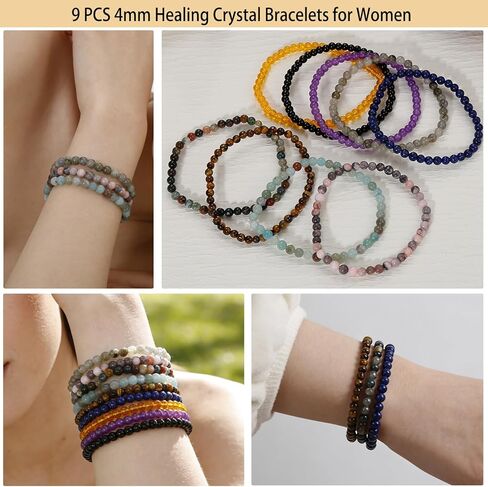 سوار مطرز بأحجار الشفاء 9 قطع من COLOYAN مقاس 4 مم للنساء والرجال، أساور كريستال طبيعية قابلة للتمدد، أحجار كريمة شبه ثمينة مجوهرات ريكي الروحية in Kuwait