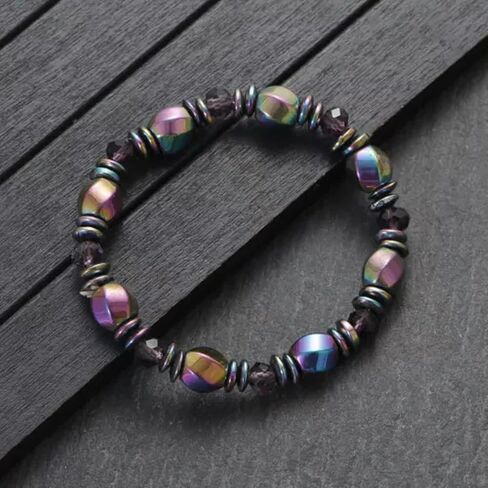 Colorful Iridescent Hematite Beaded Bracelet - Elastic Stretch Unisex Wristband Jewelry in Saudi Arabia