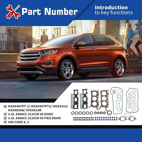 مجموعة حشية الرأس HS26487PT-2 متوافقة مع Explorer Flex Taurus Sedan Edge 3.5L V6 DOHC 2011-2019، استبدل HGS4213 HS54658A in Kuwait