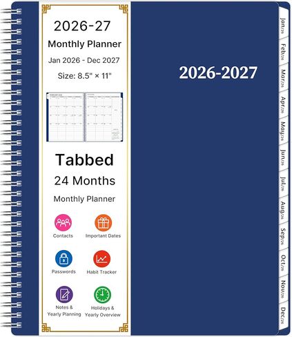 مخطط شهري 2026-2027، مخطط تقويم لمدة عامين، يناير 2026 - ديسمبر 2027، 8.5 بوصة × 11 بوصة، جدول أعمال حلزوني كبير، 24 شهرًا، مع علامات تبويب وجيب، غطاء مرن، منظم للمدرسة المنزلية والمكتبية، أسود in Kuwait