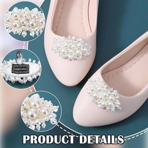 2Pcs Pearl Flower Shoe Clips for Women Dress Shoes, 1.57 x 2.76" White Bridal Wedding Floral Shoes Clips Charms with Crystal Beads Detachable Flower Shoe Buckle Clip for Heels DIY Embellishment in Saudi Arabia