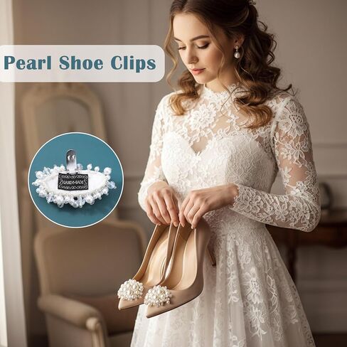 2Pcs Pearl Flower Shoe Clips for Women Dress Shoes, 1.57 x 2.76" White Bridal Wedding Floral Shoes Clips Charms with Crystal Beads Detachable Flower Shoe Buckle Clip for Heels DIY Embellishment in Saudi Arabia