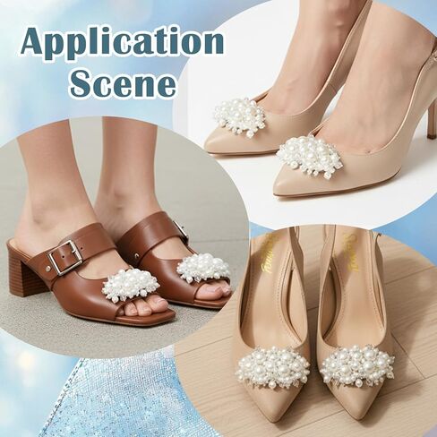 2Pcs Pearl Flower Shoe Clips for Women Dress Shoes, 1.57 x 2.76" White Bridal Wedding Floral Shoes Clips Charms with Crystal Beads Detachable Flower Shoe Buckle Clip for Heels DIY Embellishment in Saudi Arabia