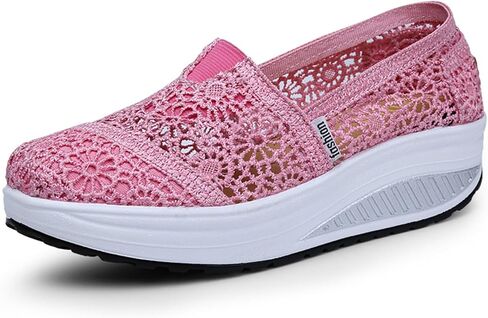Women's Floral Embroidery Lace Mesh Air Cushion Sneakers,Comfortable Orthopedic Diabetic Walking Toning Shoes Breathable Slip on Platform Loafers Casual Fashion Rocker Shoes in Kuwait