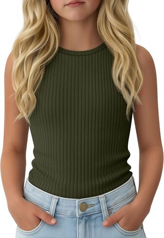 Girls' Sleeveless Tank Tops Ribbed Crew Neck Undershirts Stretch Athletic Tanks Soft Solid Top for Kids 5-14 Years in Saudi Arabia