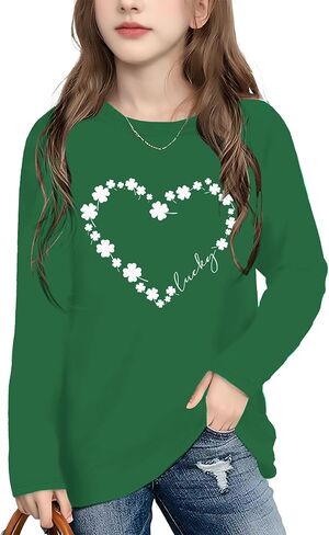 Kids St Patrick's Day Shirt Lucky Shamrock Graphic Long Sleeve Tops 5-14 Years in Saudi Arabia