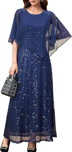 فستان كيب نسائي مع طبقة من الشيفون، فساتين رسمية للسهرات طويلة بالترتر، فستان لحفلات الكوكتيل باللون الأزرق in Kuwait